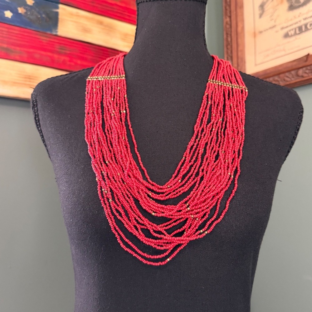 Red Multi Strand Seed Bead Statement Necklace – Boho Global Tribal Style